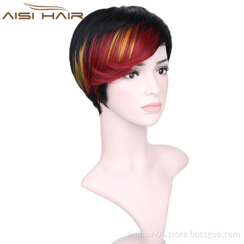 Short Pixie Cut Hair Wig High Temperature Synthetic Straight Wigs with Ombre Red Bangs For Women